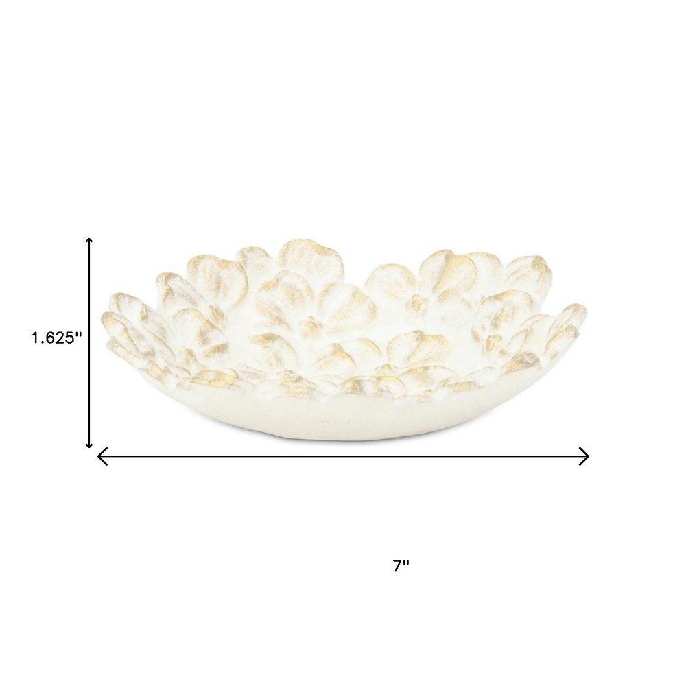 7" White And Gold Cast Iron Flower Round Trinket Tray