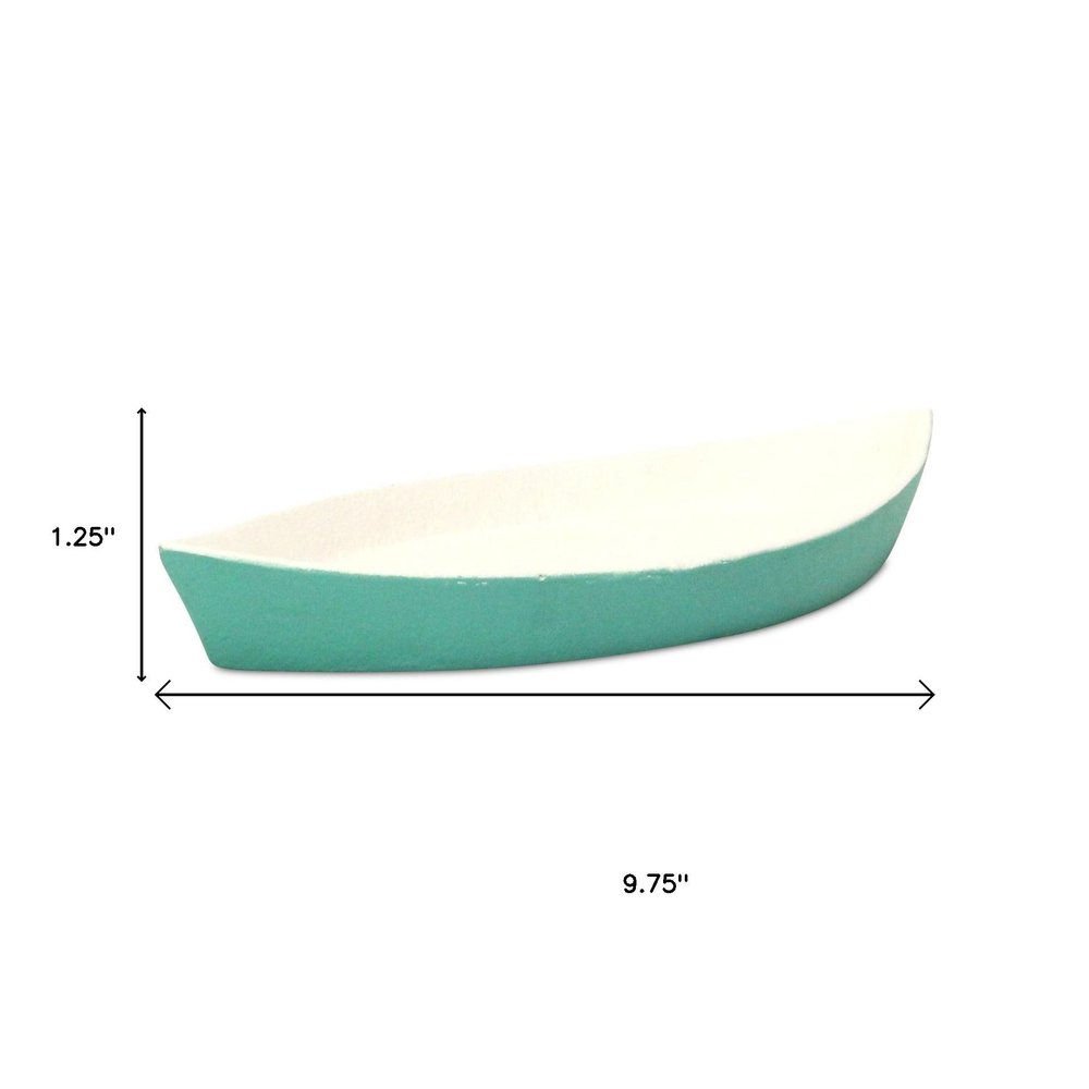 10" Aqua And White Cast Iron Oval Boat Shaped Tray