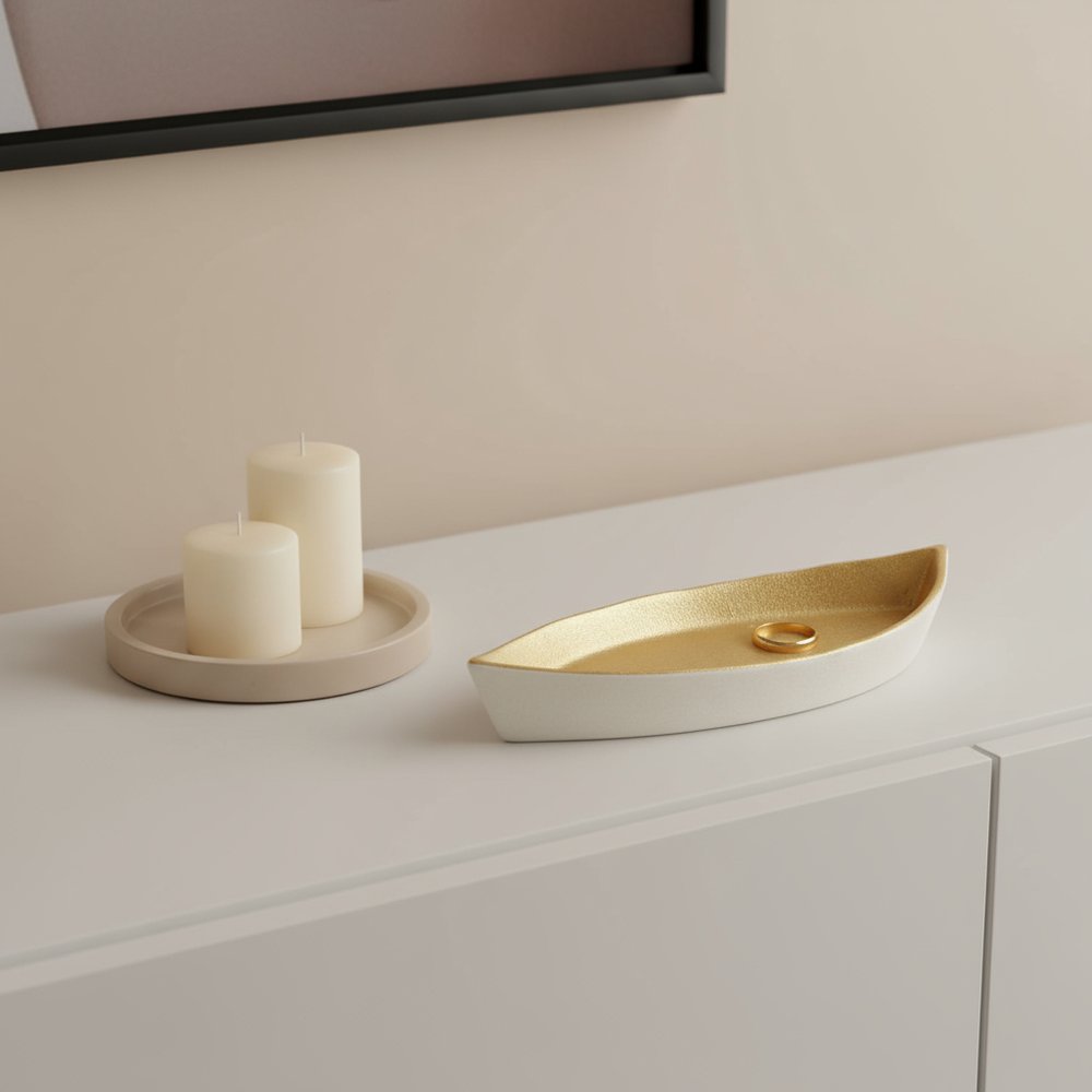 10" Gold And Off White Cast Iron Oval Boat Shaped Tray