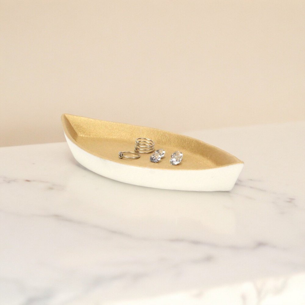 10" Gold And Off White Cast Iron Oval Boat Shaped Tray