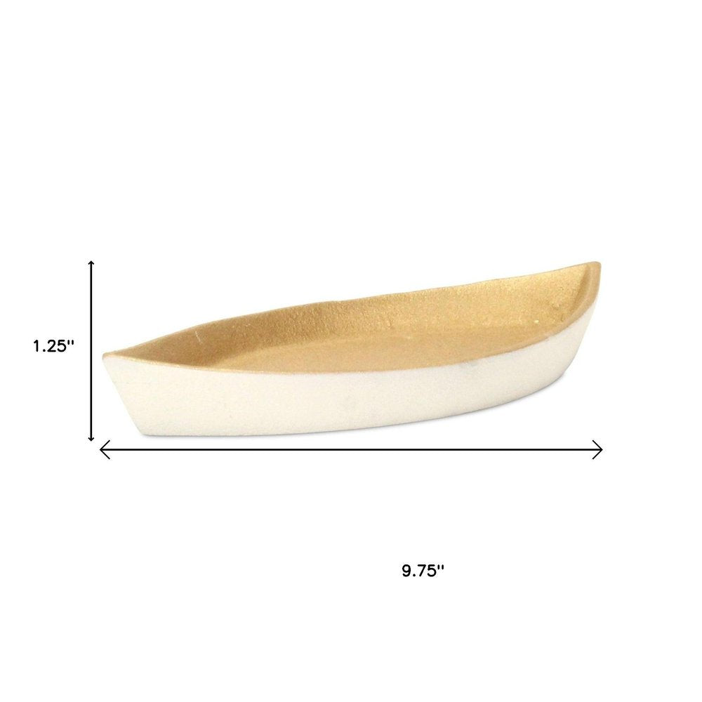 10" Gold And Off White Cast Iron Oval Boat Shaped Tray