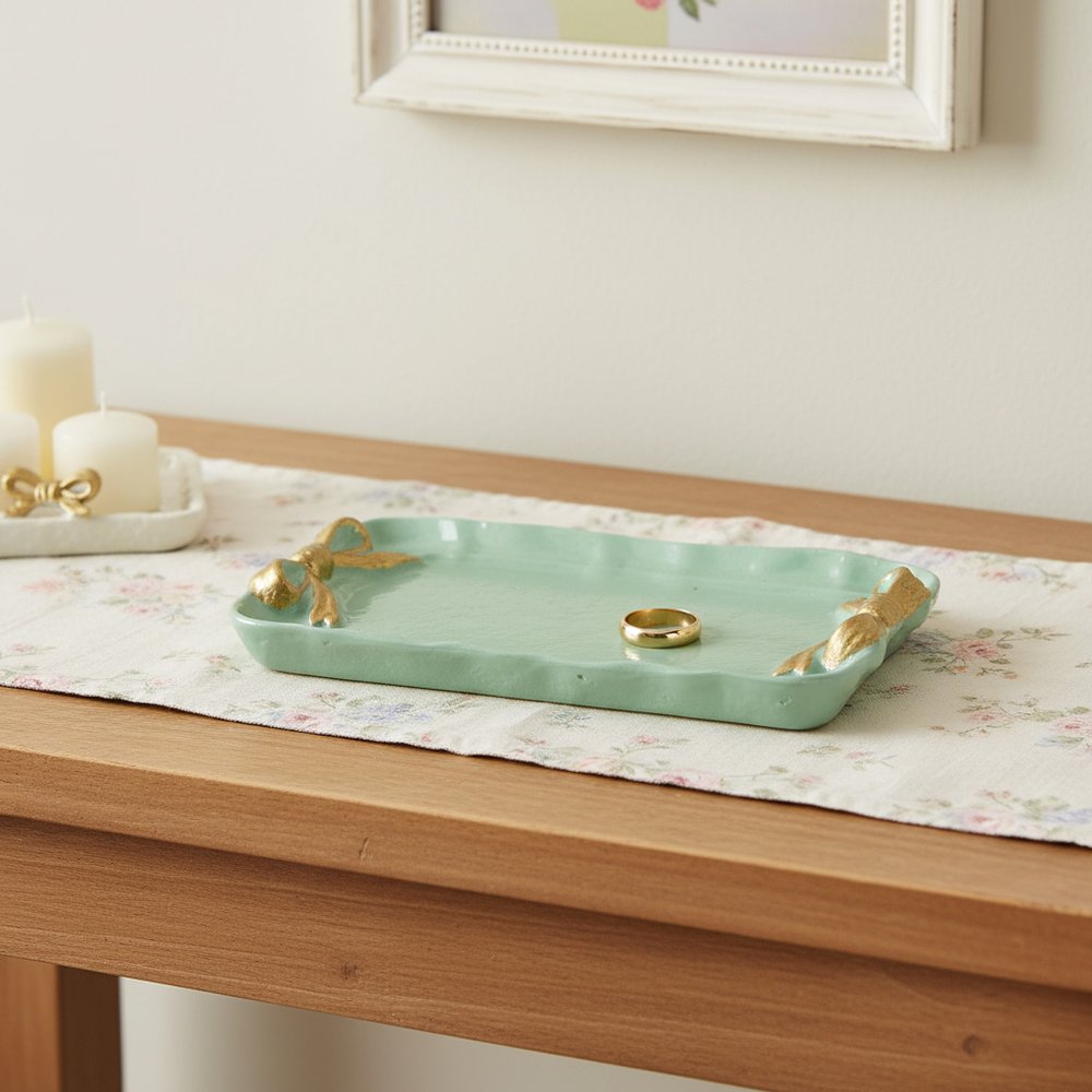 8" Aqua And Gold Cast Iron Ribbons Vanity Tray