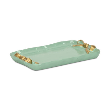 8" Aqua And Gold Cast Iron Ribbons Vanity Tray