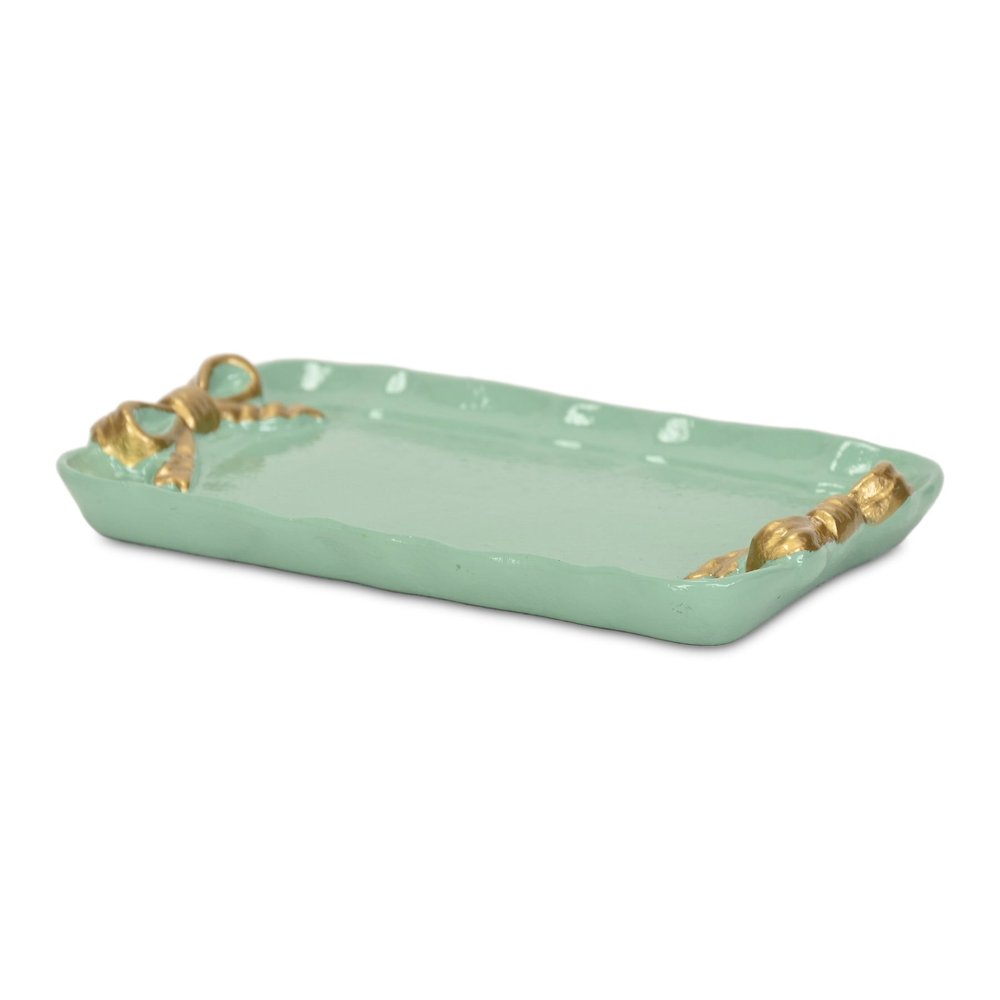 8" Aqua And Gold Cast Iron Ribbons Vanity Tray