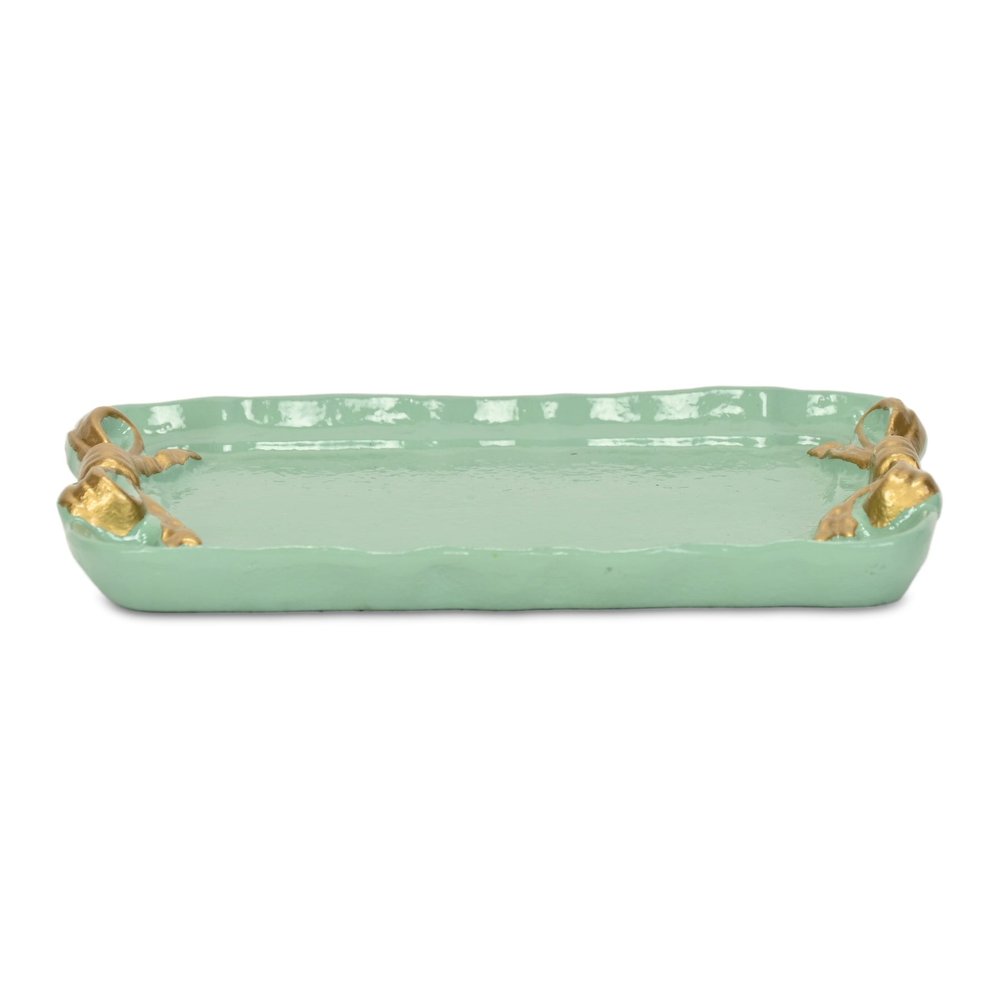 8" Aqua And Gold Cast Iron Ribbons Vanity Tray