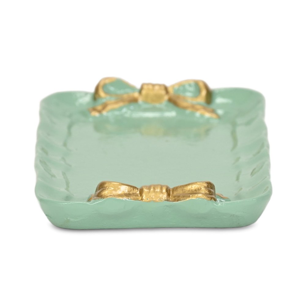 8" Aqua And Gold Cast Iron Ribbons Vanity Tray