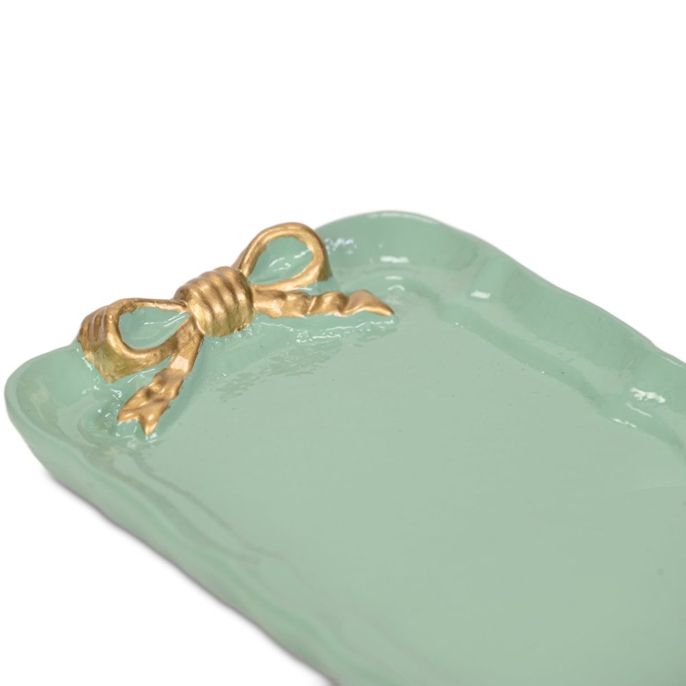 8" Aqua And Gold Cast Iron Ribbons Vanity Tray