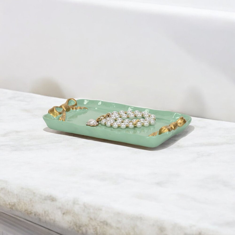 8" Aqua And Gold Cast Iron Ribbons Vanity Tray