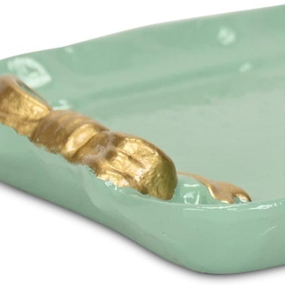 8" Aqua And Gold Cast Iron Ribbons Vanity Tray