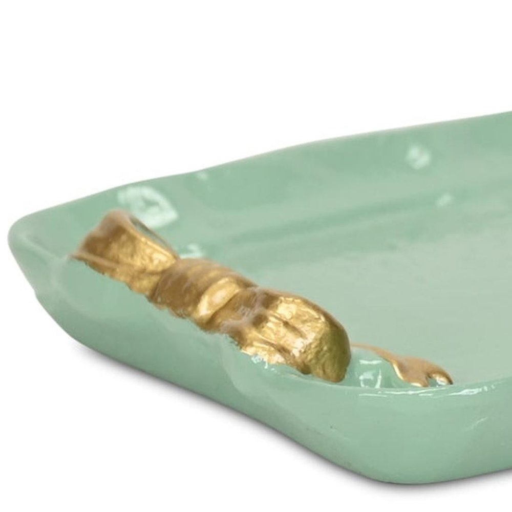 8" Aqua And Gold Cast Iron Ribbons Vanity Tray