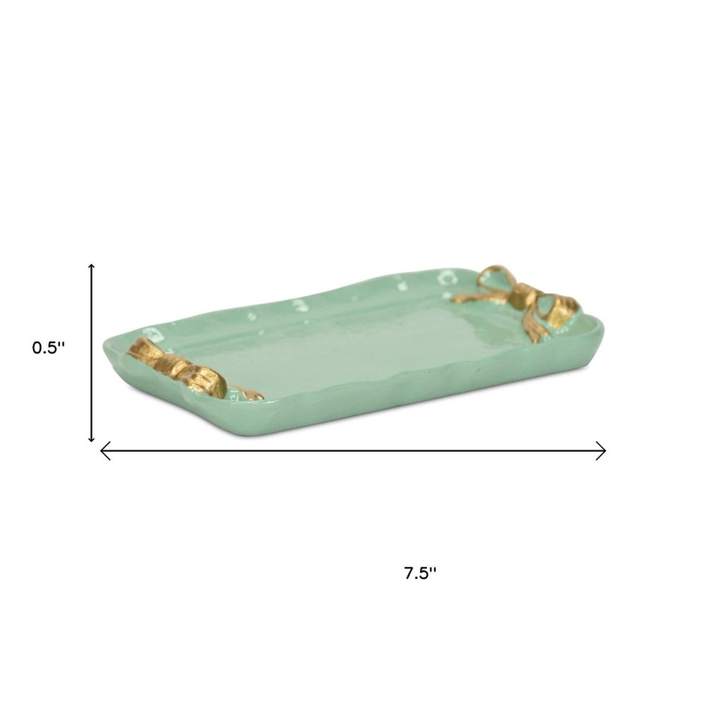 8" Aqua And Gold Cast Iron Ribbons Vanity Tray