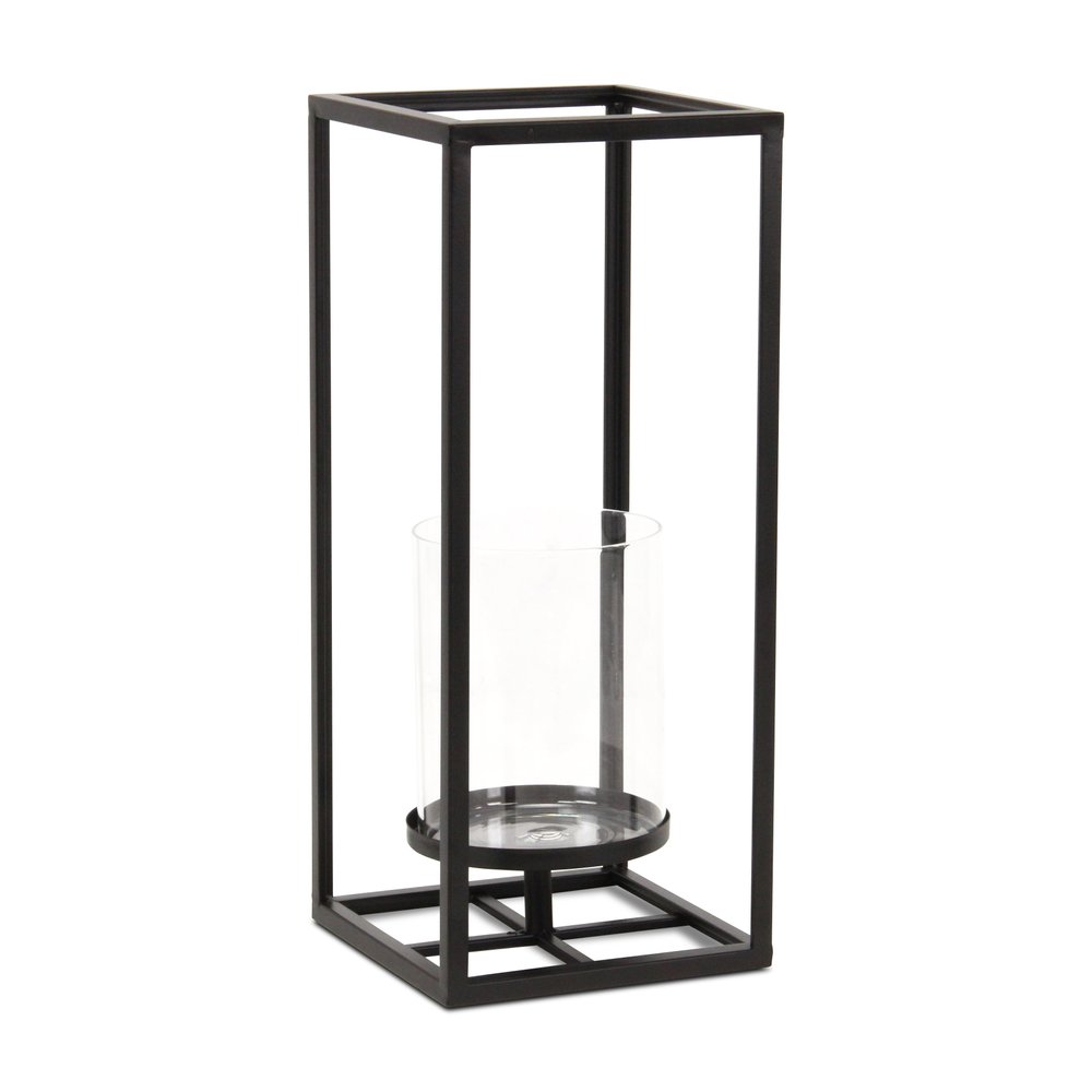 16" Black And Clear Metal And Glass Tabletop Candle Holder