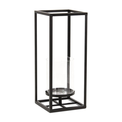 16" Black And Clear Metal And Glass Tabletop Candle Holder