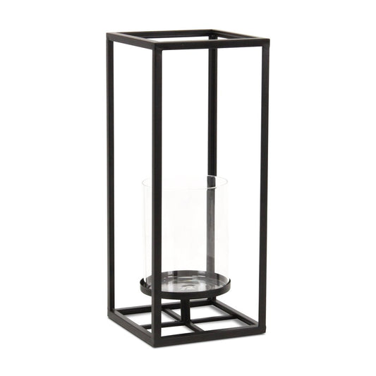 16" Black And Clear Metal And Glass Tabletop Candle Holder