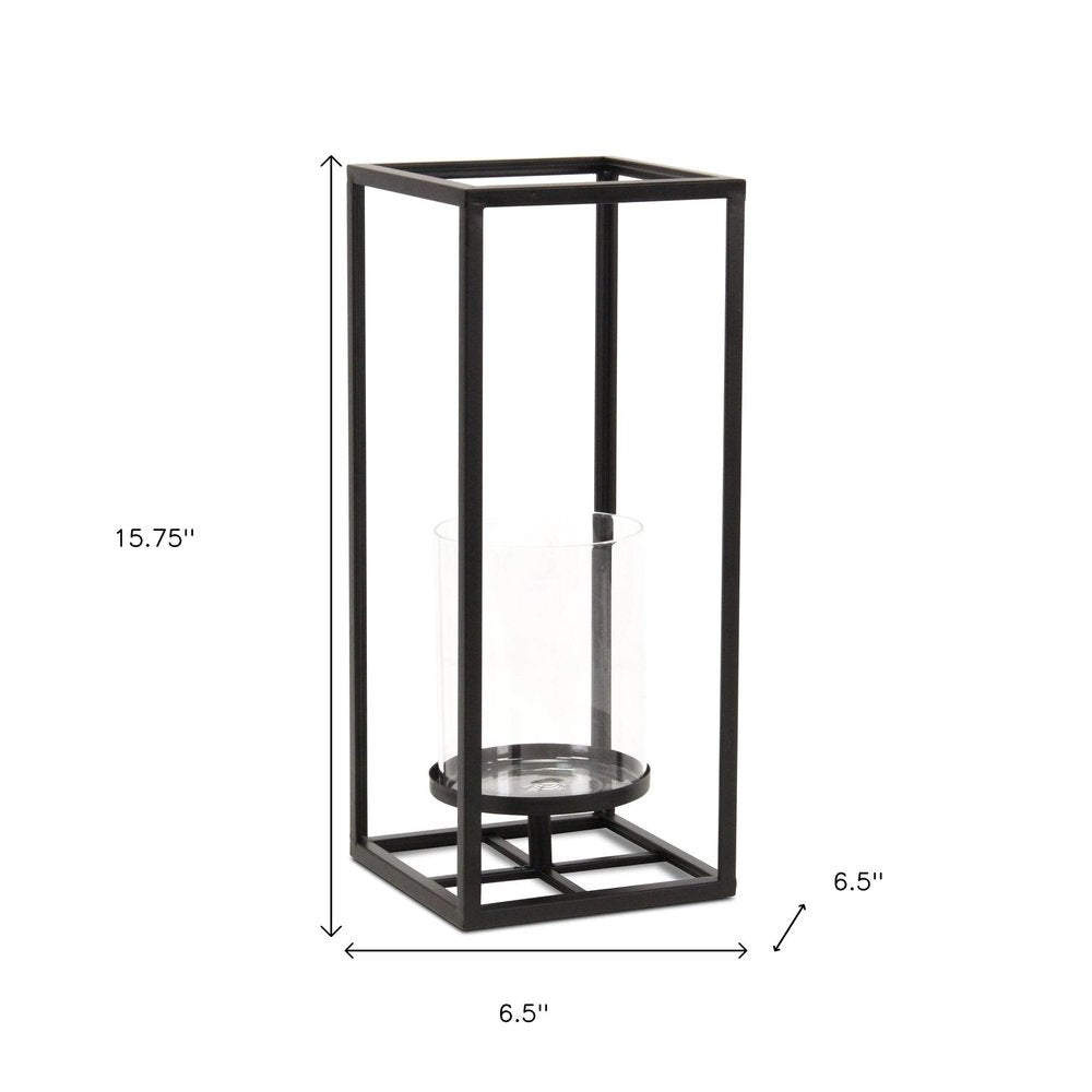 16" Black And Clear Metal And Glass Tabletop Candle Holder