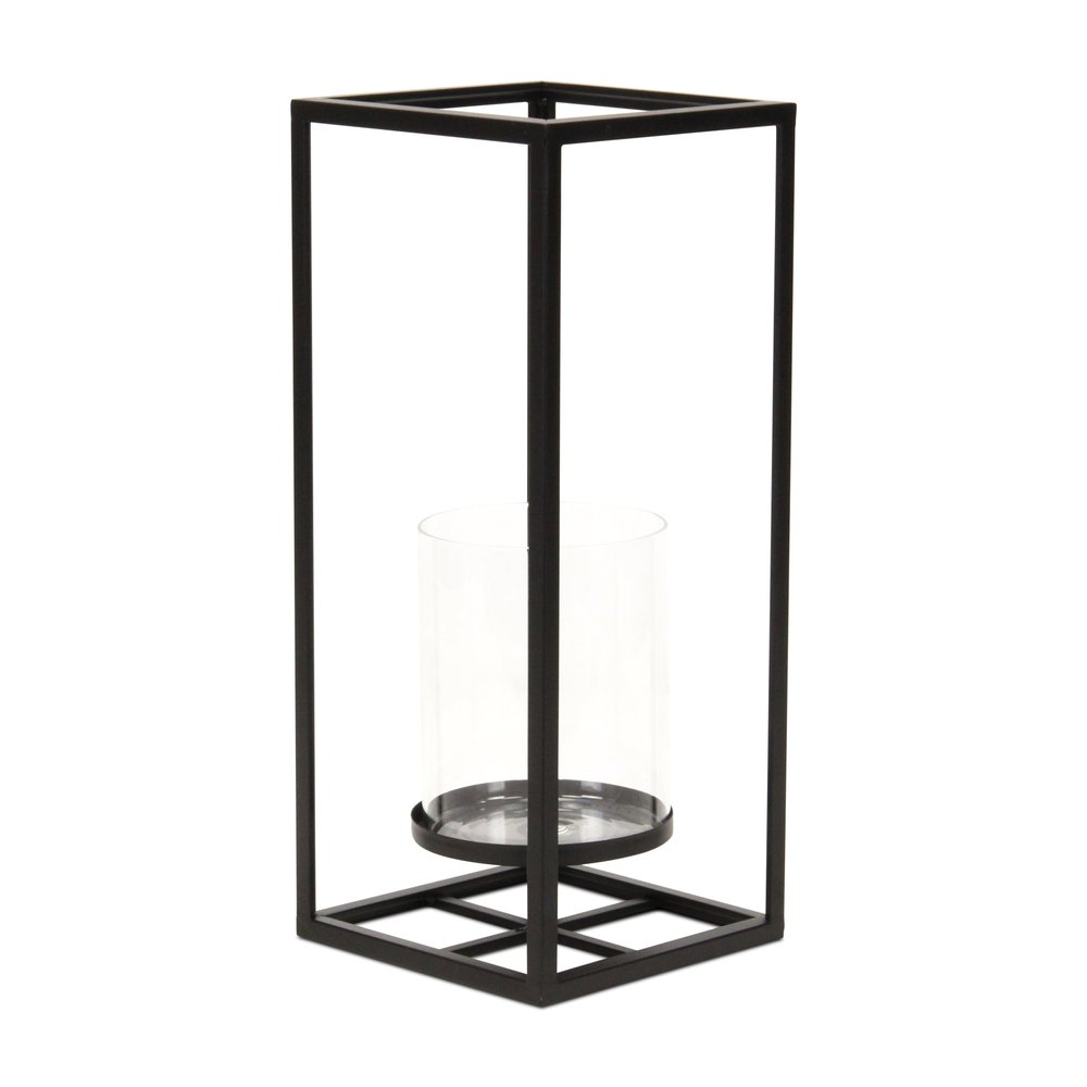16" Black And Clear Metal And Glass Tabletop Candle Holder