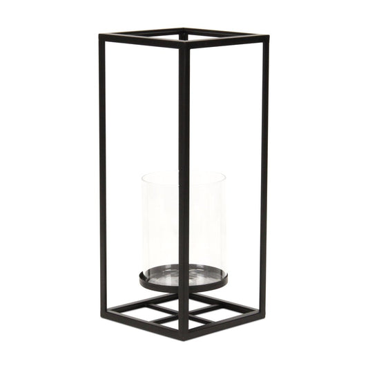 16" Black And Clear Metal And Glass Tabletop Candle Holder