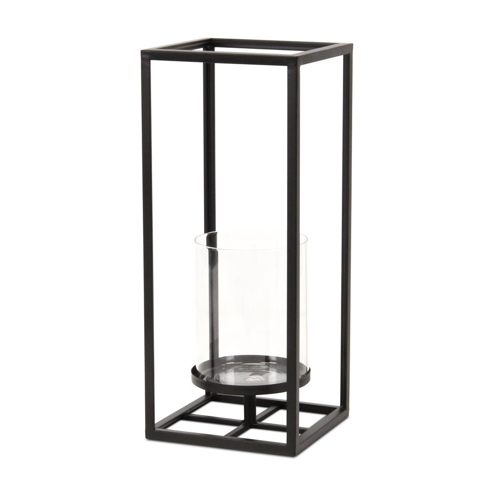 16" Black And Clear Metal And Glass Tabletop Candle Holder