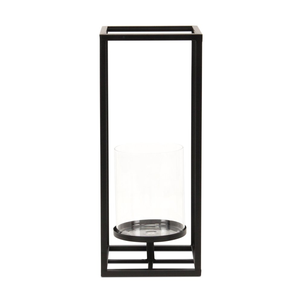 16" Black And Clear Metal And Glass Tabletop Candle Holder