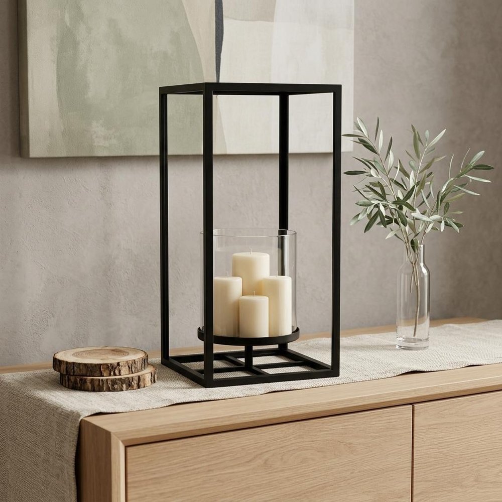 16" Black And Clear Metal And Glass Tabletop Candle Holder