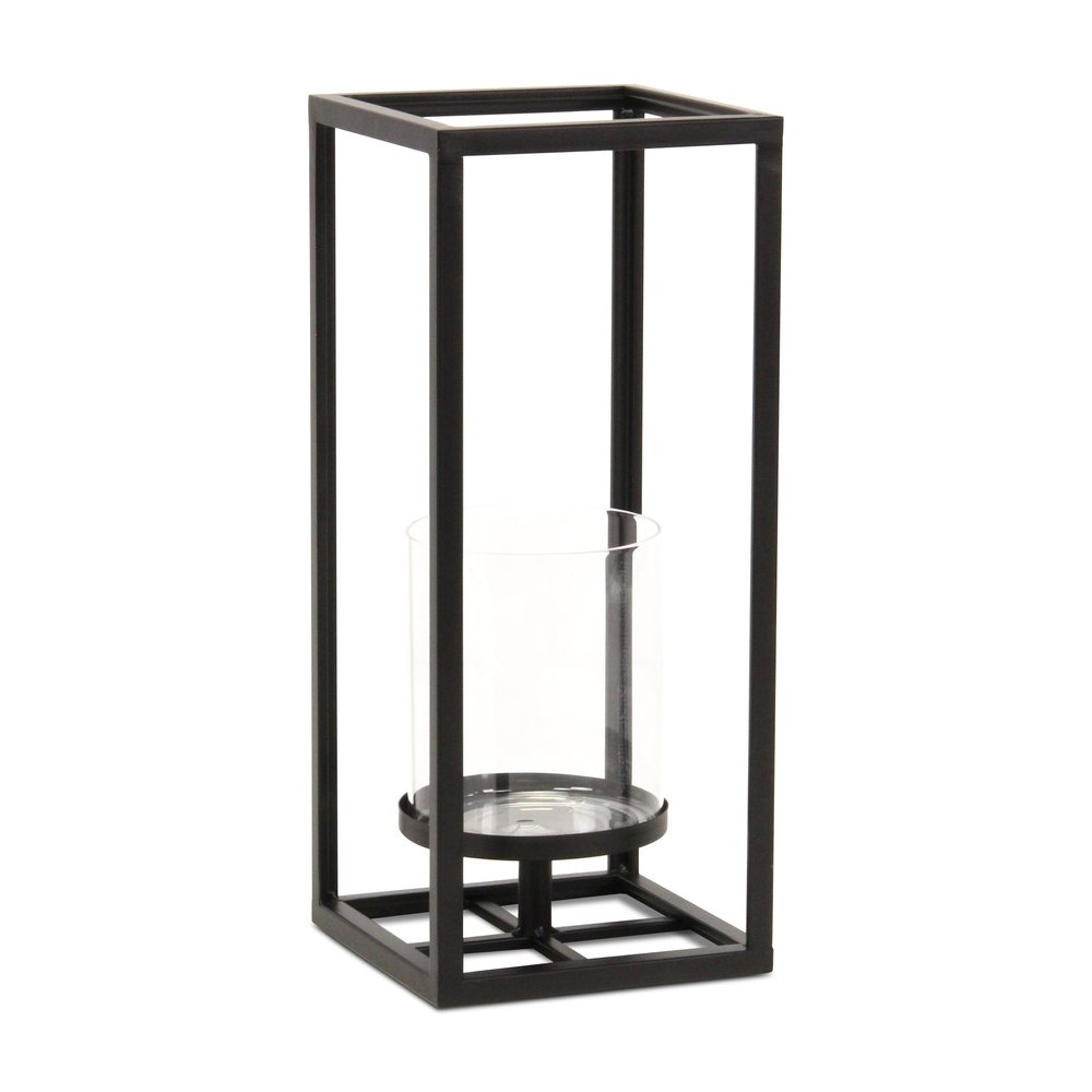 13" Black And Clear Metal And Glass Tabletop Candle Holder