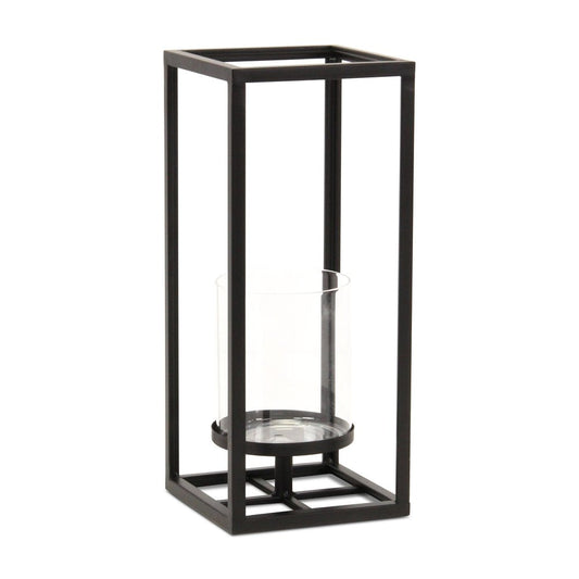 13" Black And Clear Metal And Glass Tabletop Candle Holder