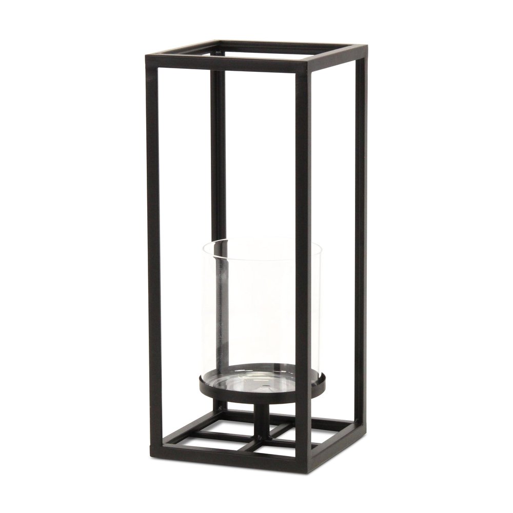 13" Black And Clear Metal And Glass Tabletop Candle Holder