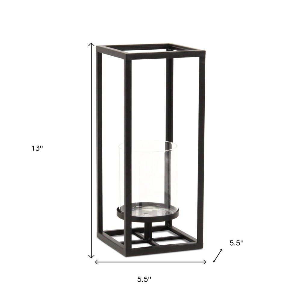 13" Black And Clear Metal And Glass Tabletop Candle Holder