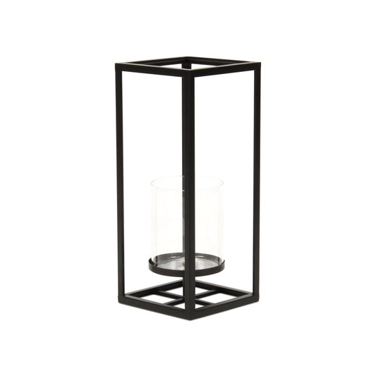 13" Black And Clear Metal And Glass Tabletop Candle Holder