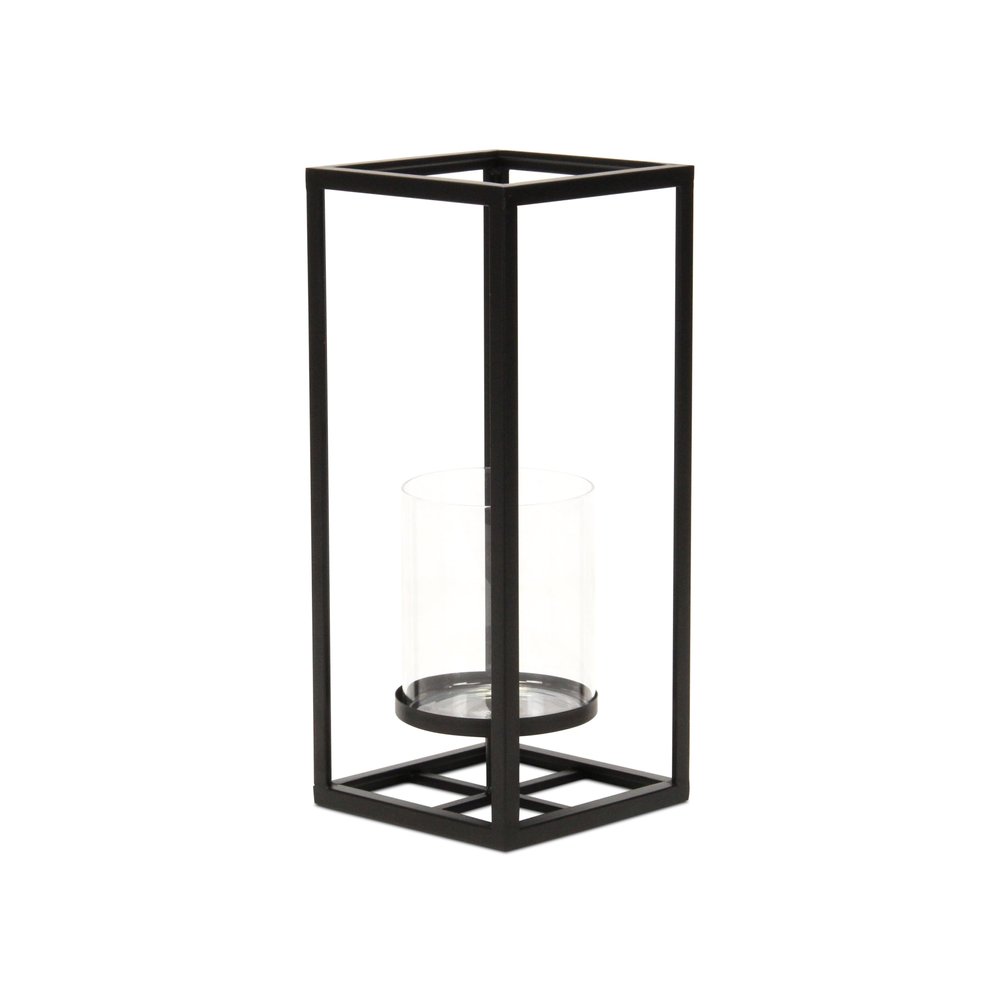 13" Black And Clear Metal And Glass Tabletop Candle Holder