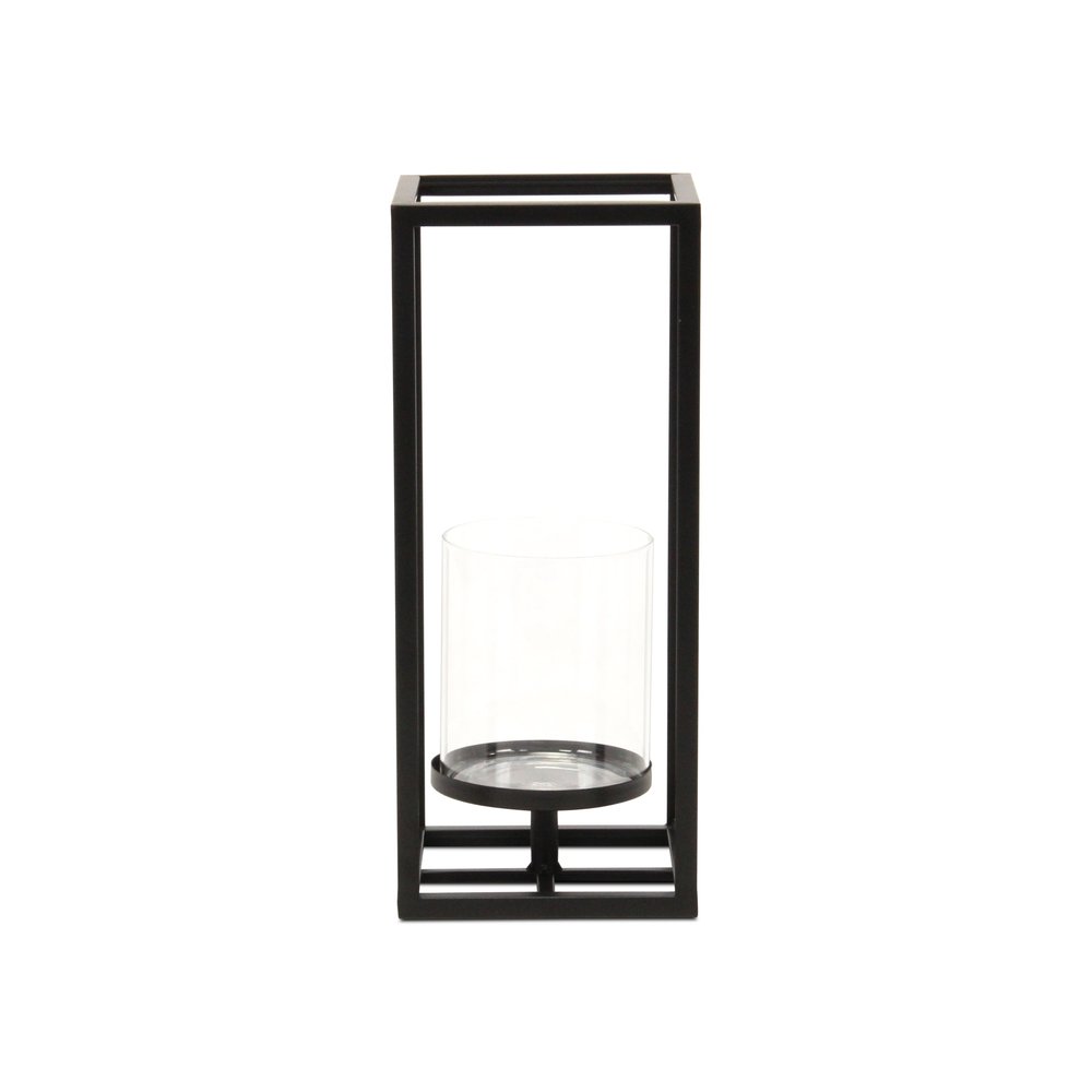 13" Black And Clear Metal And Glass Tabletop Candle Holder