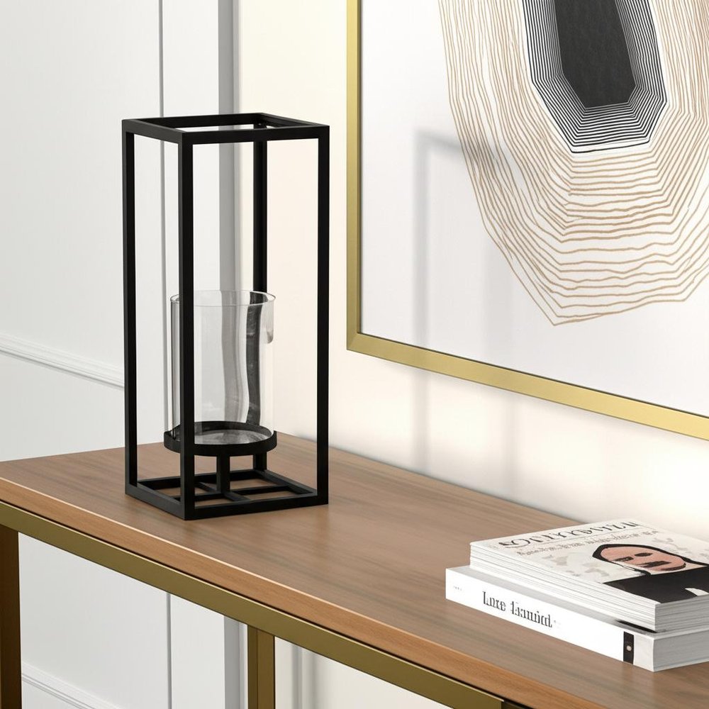 13" Black And Clear Metal And Glass Tabletop Candle Holder