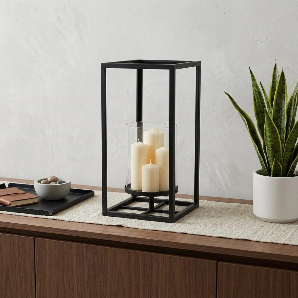 13" Black And Clear Metal And Glass Tabletop Candle Holder