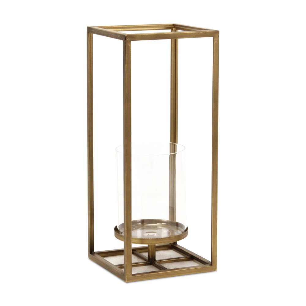16" Clear And Gold Metal And Glass Tabletop Candle Holder