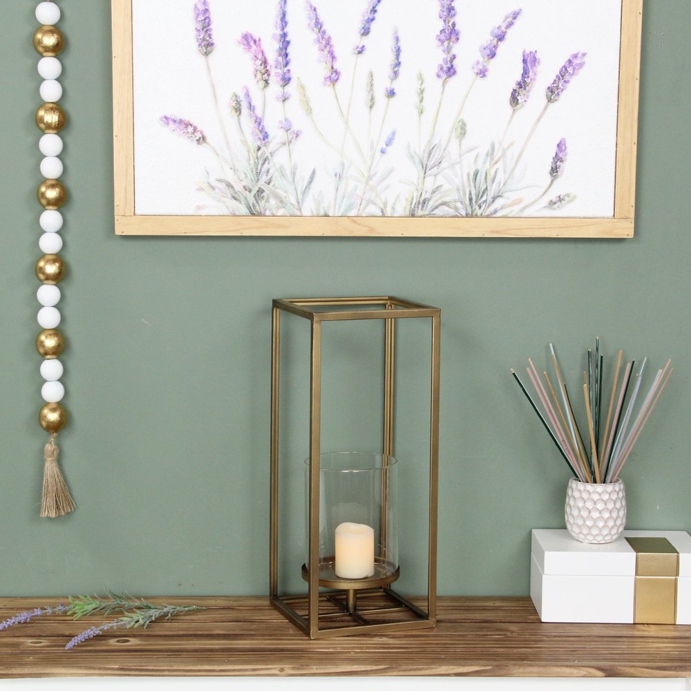 16" Clear And Gold Metal And Glass Tabletop Candle Holder