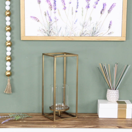 16" Clear And Gold Metal And Glass Tabletop Candle Holder