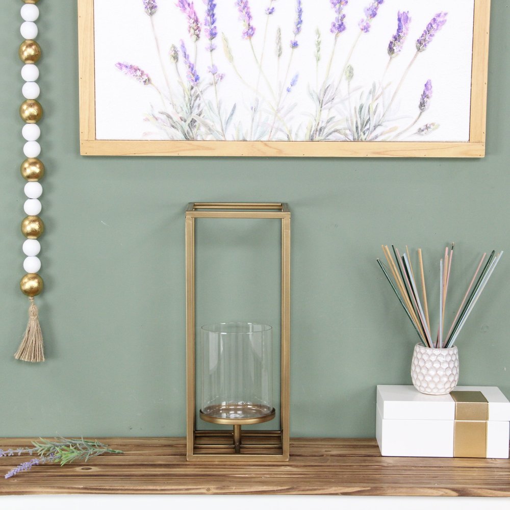 16" Clear And Gold Metal And Glass Tabletop Candle Holder