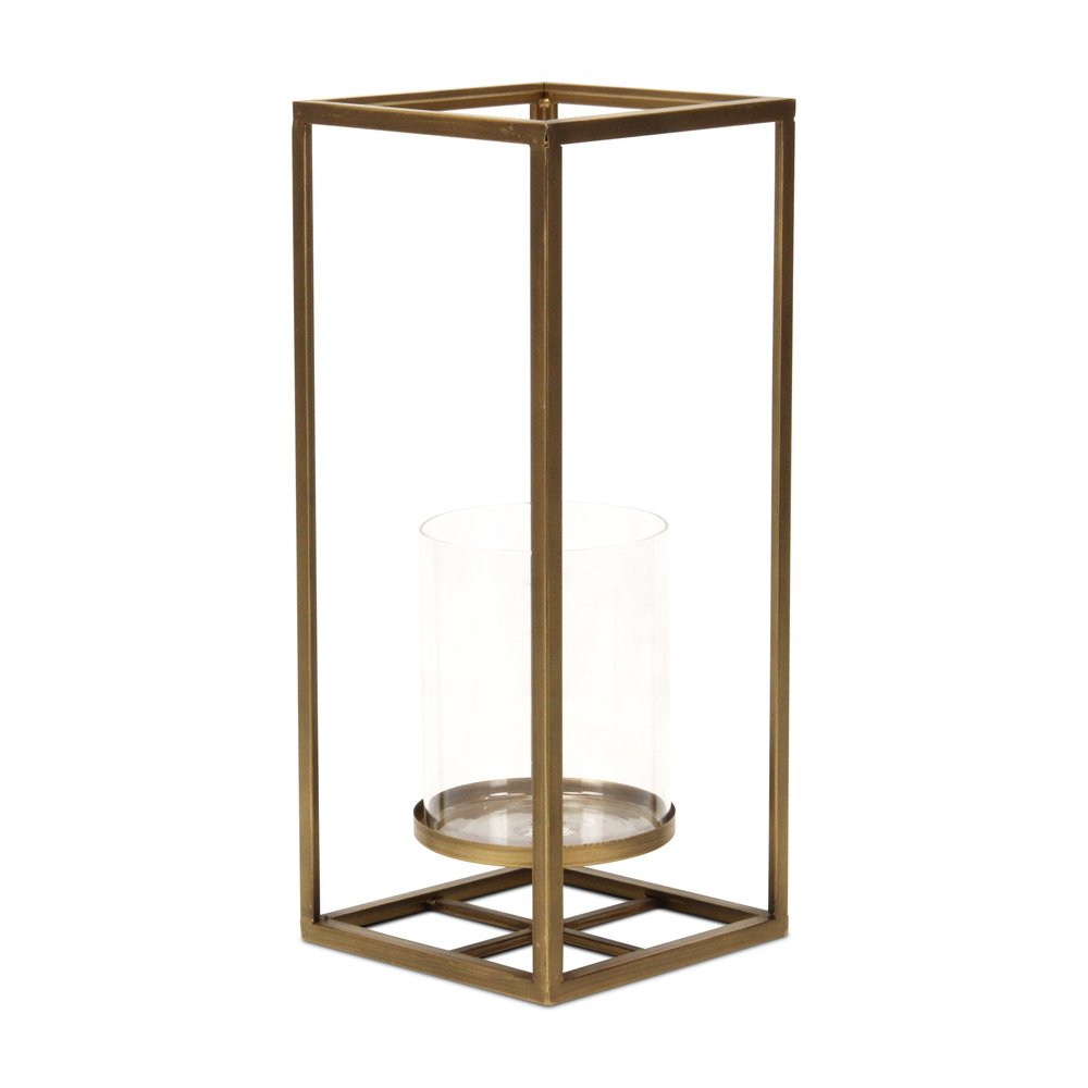 16" Clear And Gold Metal And Glass Tabletop Candle Holder