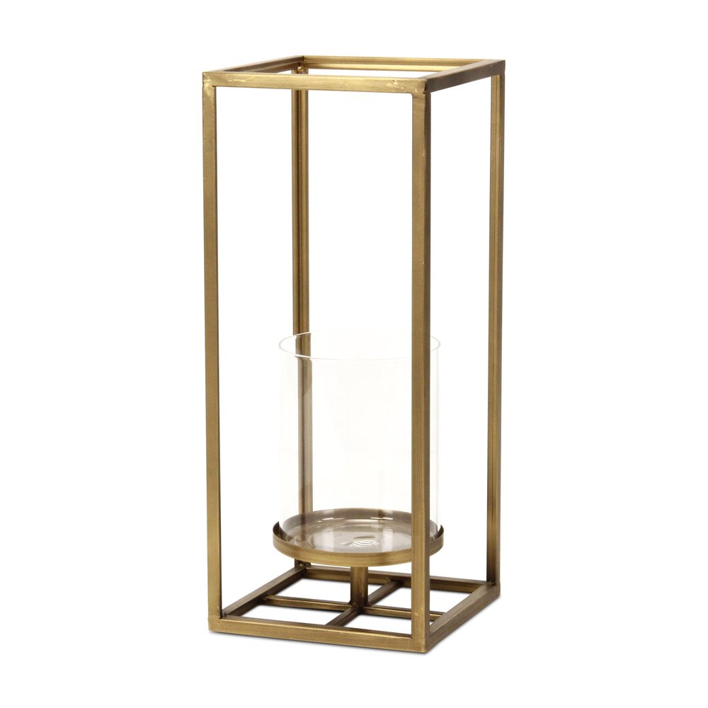 16" Clear And Gold Metal And Glass Tabletop Candle Holder