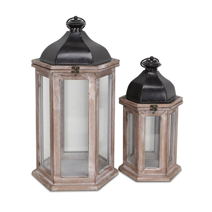 Set of Two Brown Geometric Metal And Solid Wood Floor Lantern Candle Holders
