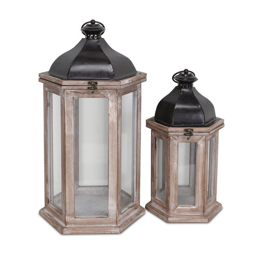 Set of Two Brown Geometric Metal And Solid Wood Floor Lantern Candle Holders
