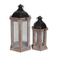 Set of Two Brown Geometric Metal And Solid Wood Floor Lantern Candle Holders