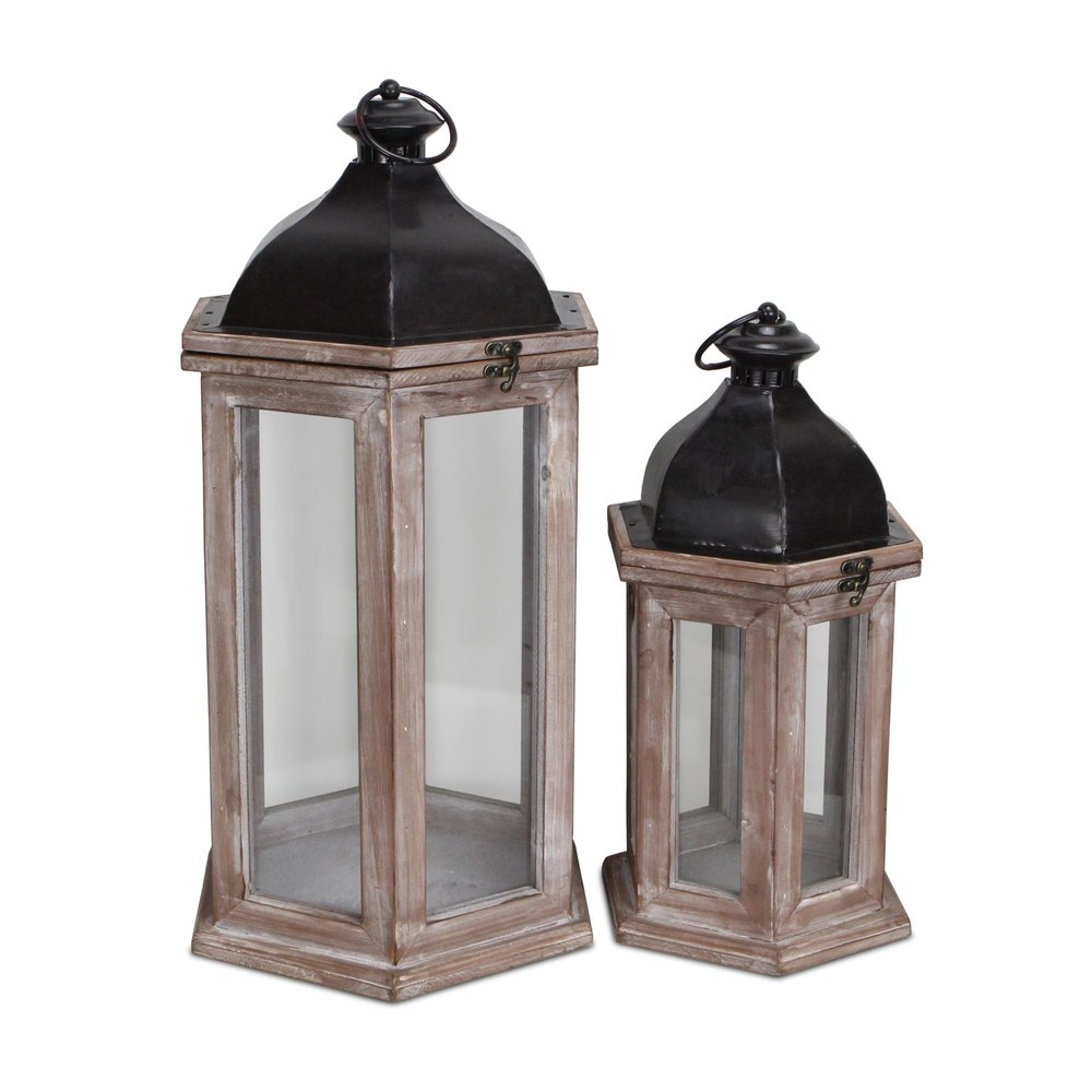 Set of Two Brown Geometric Metal And Solid Wood Floor Lantern Candle Holders