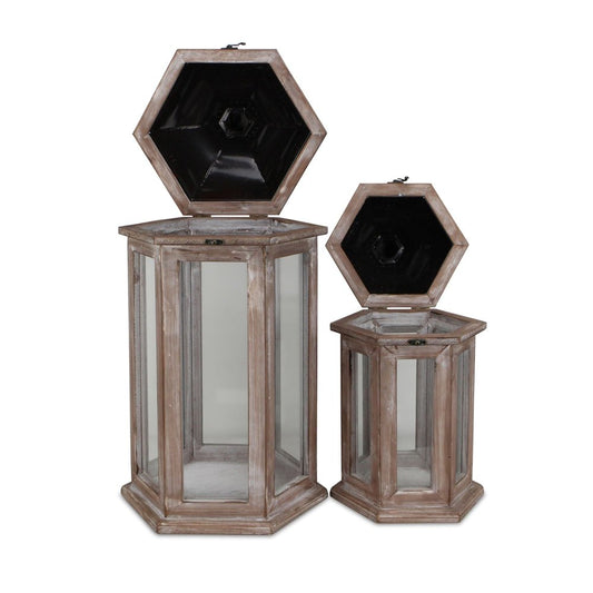 Set of Two Brown Geometric Metal And Solid Wood Floor Lantern Candle Holders
