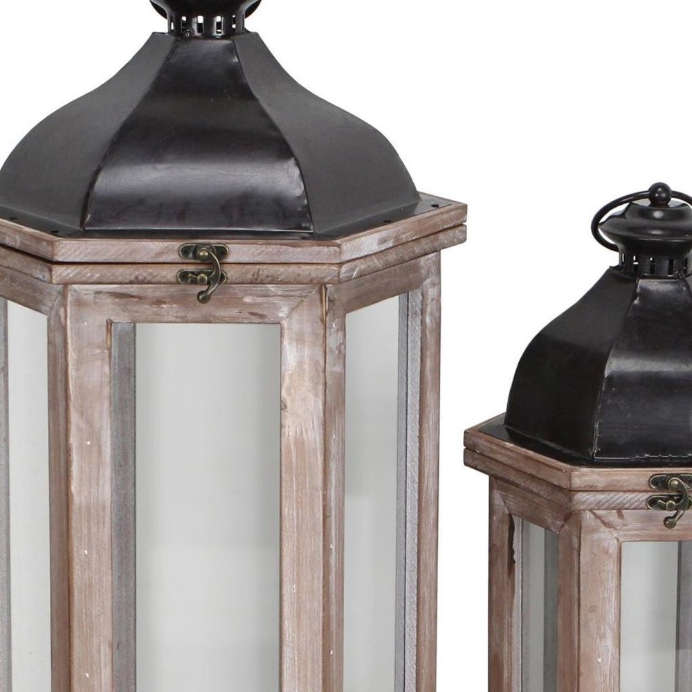 Set of Two Brown Geometric Metal And Solid Wood Floor Lantern Candle Holders