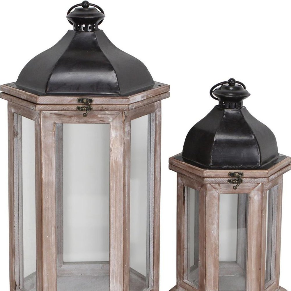 Set of Two Brown Geometric Metal And Solid Wood Floor Lantern Candle Holders