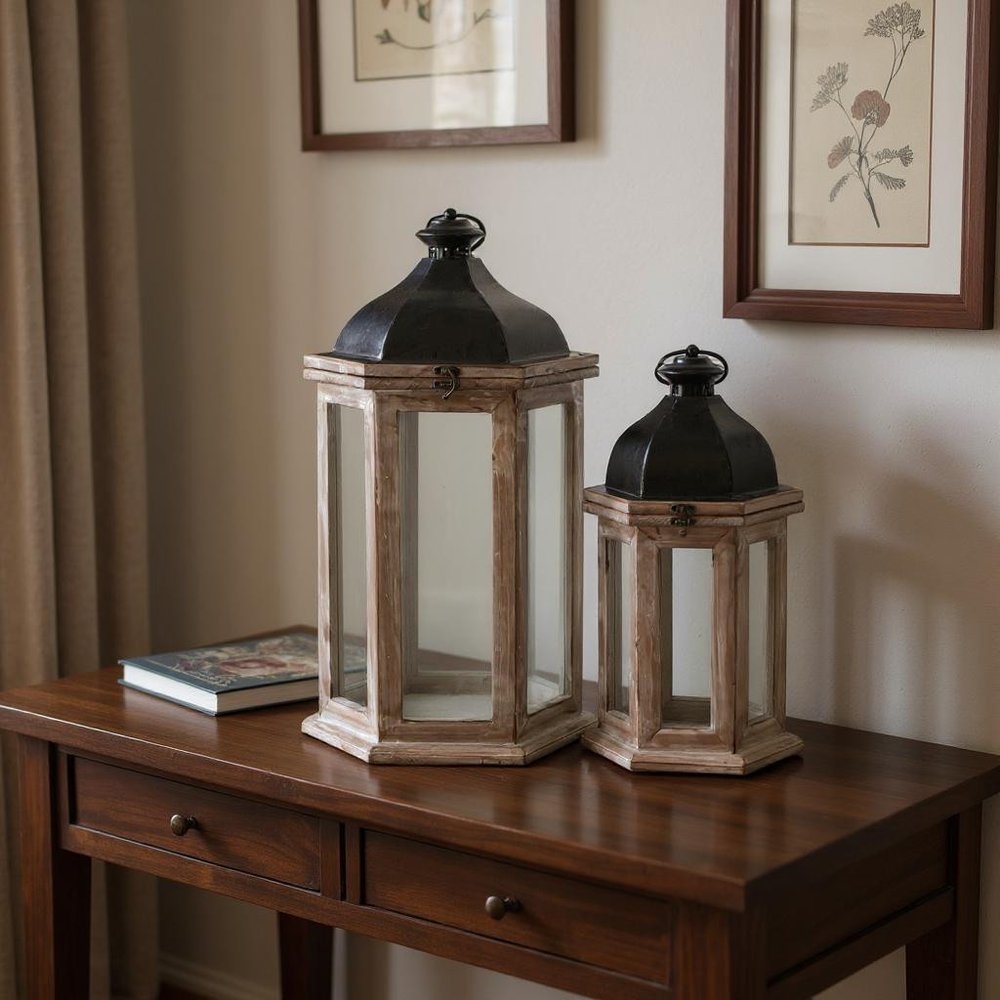 Set of Two Brown Geometric Metal And Solid Wood Floor Lantern Candle Holders