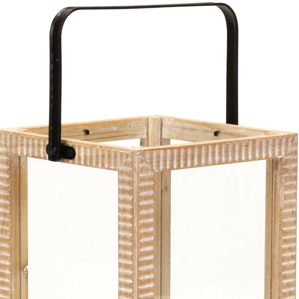 16" Clear And Natural Glass And Solid Wood Tabletop Lantern Candle Holder