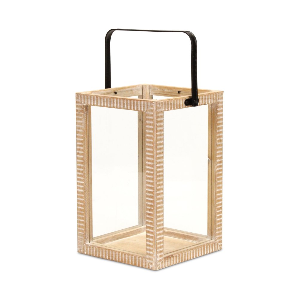 16" Clear And Natural Glass And Solid Wood Tabletop Lantern Candle Holder