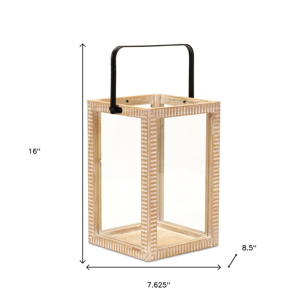 16" Clear And Natural Glass And Solid Wood Tabletop Lantern Candle Holder